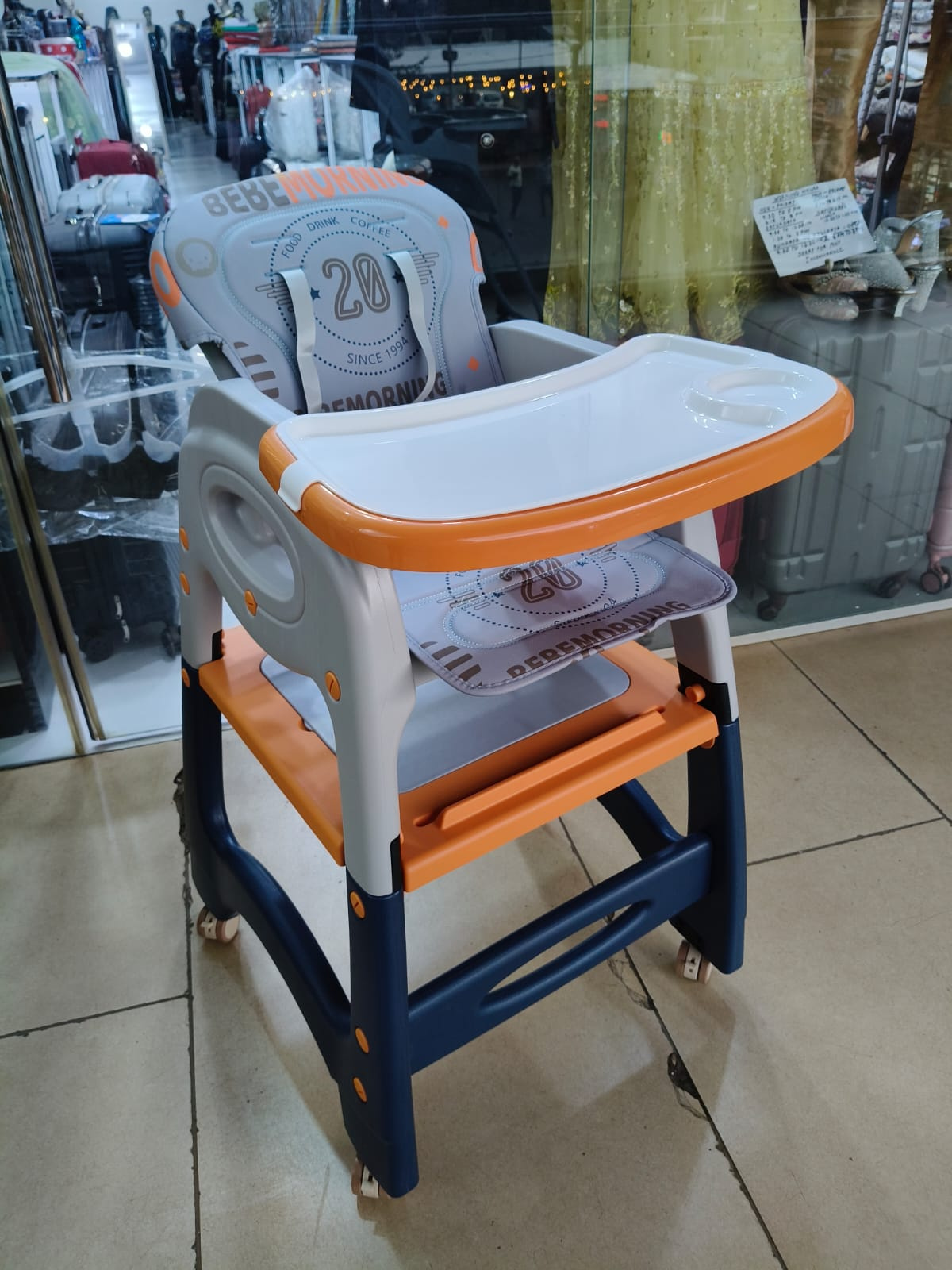 BeBeMorning 3-in-1 Baby High Chair & Booster Seat with Wheels – Green/Orange & Blue/Orange